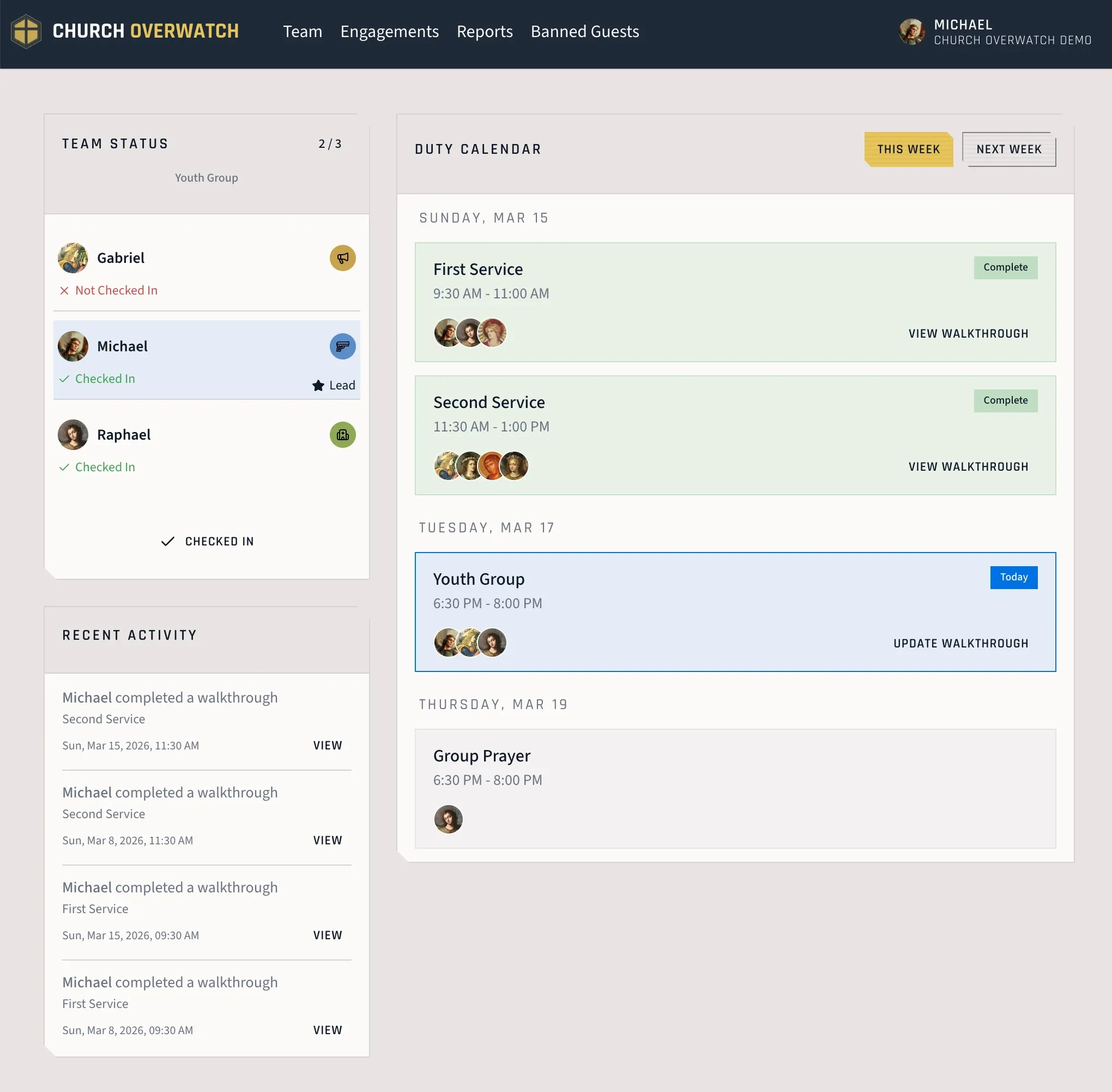 Church OverWatch desktop dashboard showing duty calendar and team status