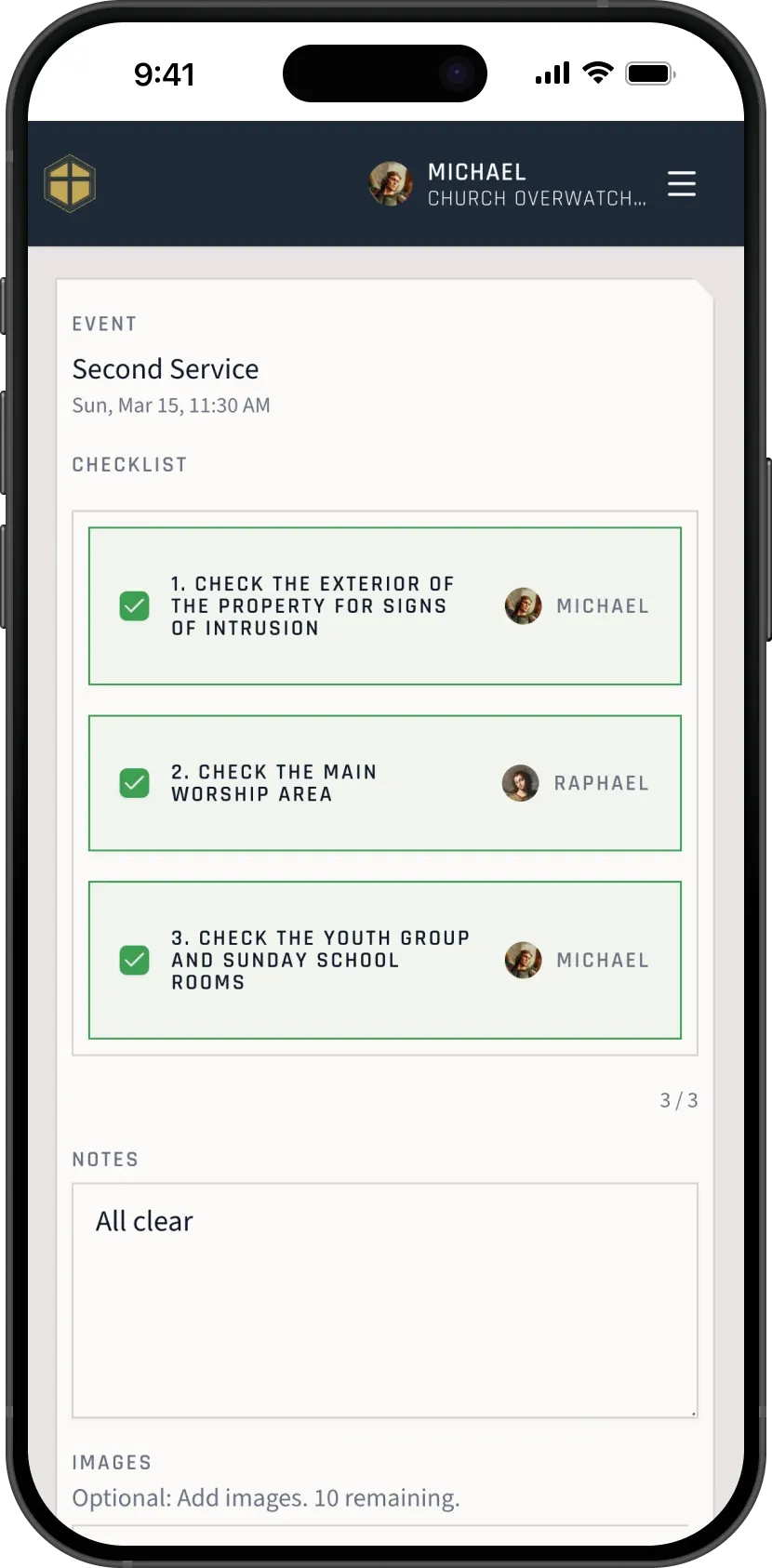 Church OverWatch mobile walkthrough checklist view